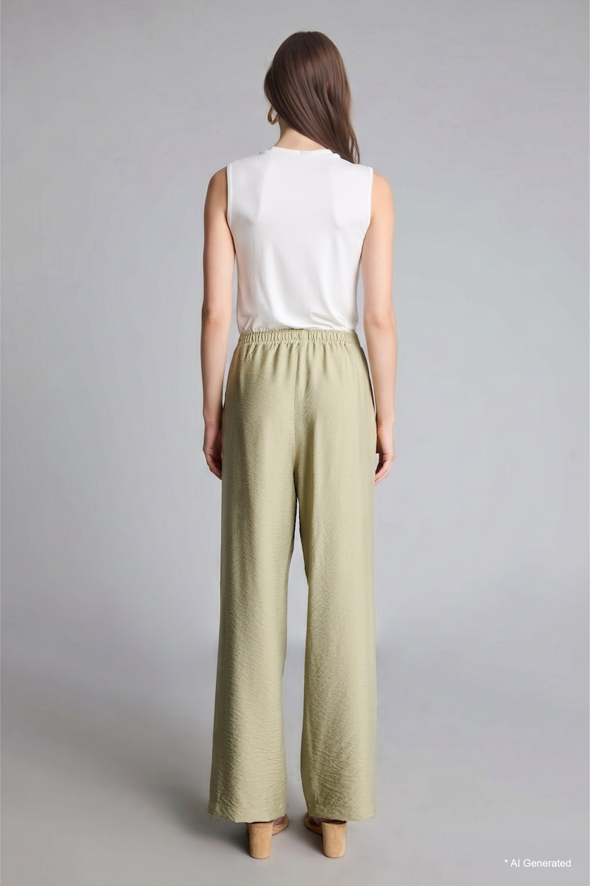 WOMAN Light Khaki Relax Fit Kaki High Waist Crinkle Fabric Trousers