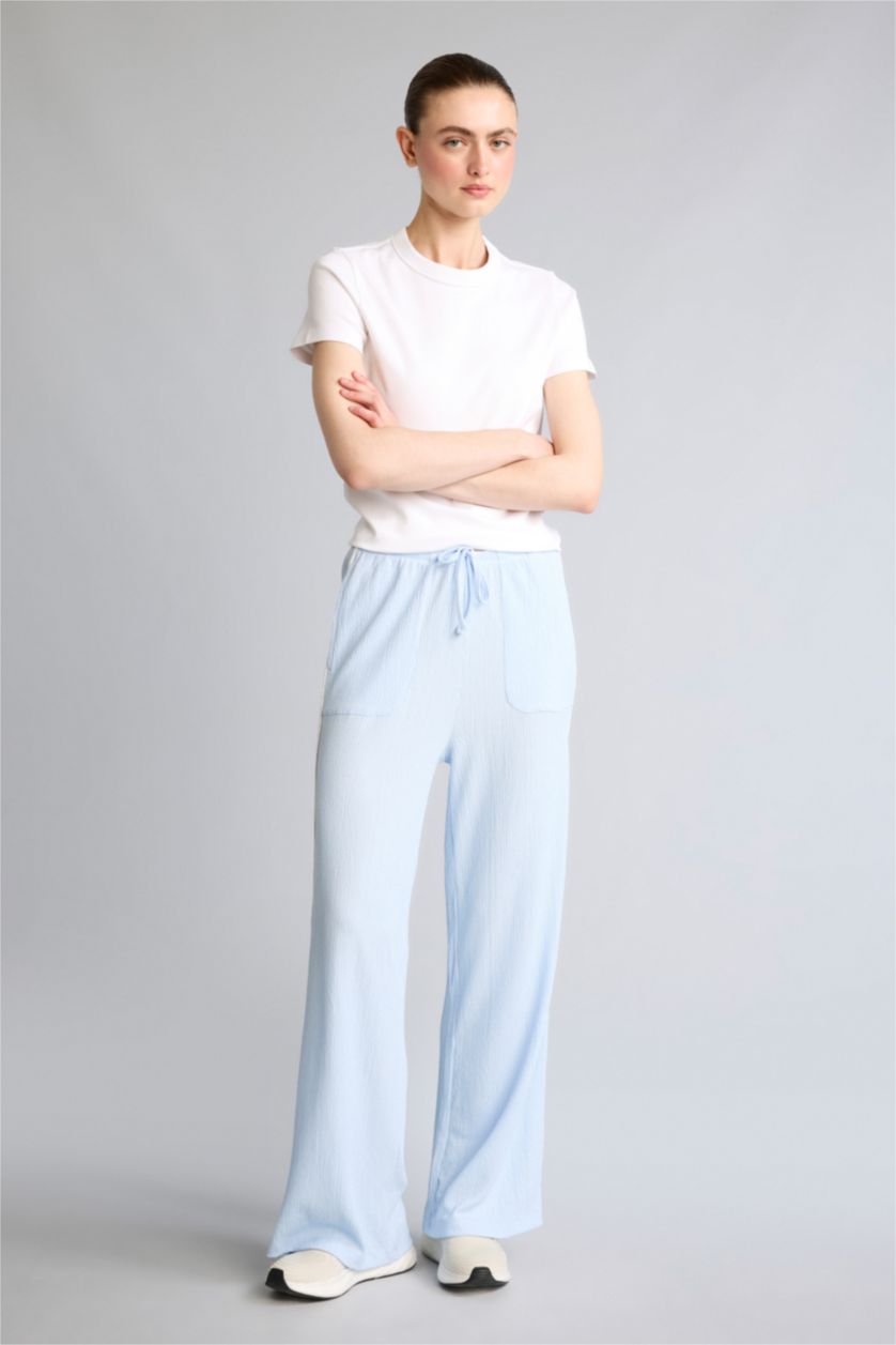 WOMAN Light Blue Wide Leg Standard Length Crinkle Fabric Sweatpants