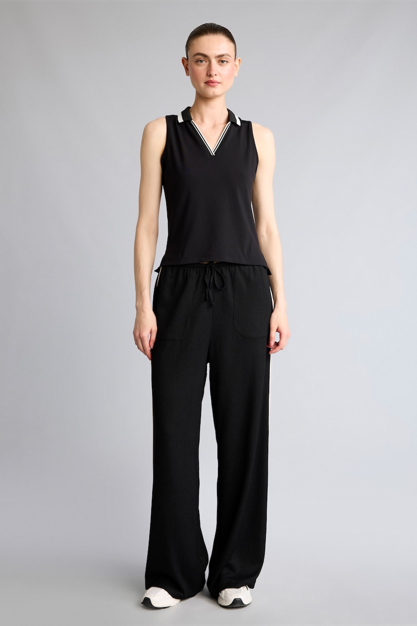 Kadın Siyah Wide Leg Şeritli Krinkıl Pantolon