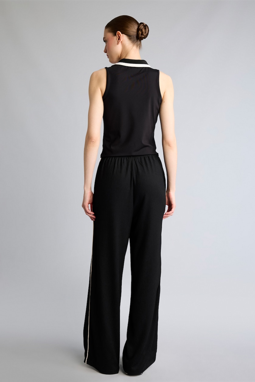Kadın Siyah Wide Leg Şeritli Krinkıl Pantolon