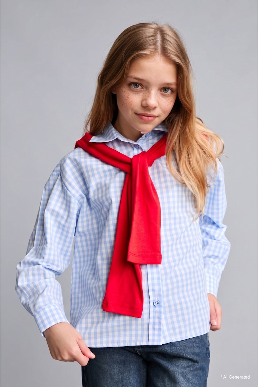 GIRLS & TEENS Light Blue Girl Light Blue Checked 100% Cotton Poplin Long Sleeve Shirt