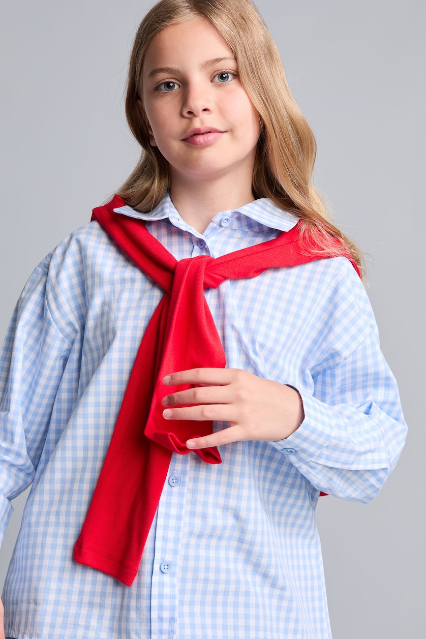 Young Girls - Teen Girls Light Blue Chemise bleu clair à carreaux en popeline 100% coton à manches longues pour fille