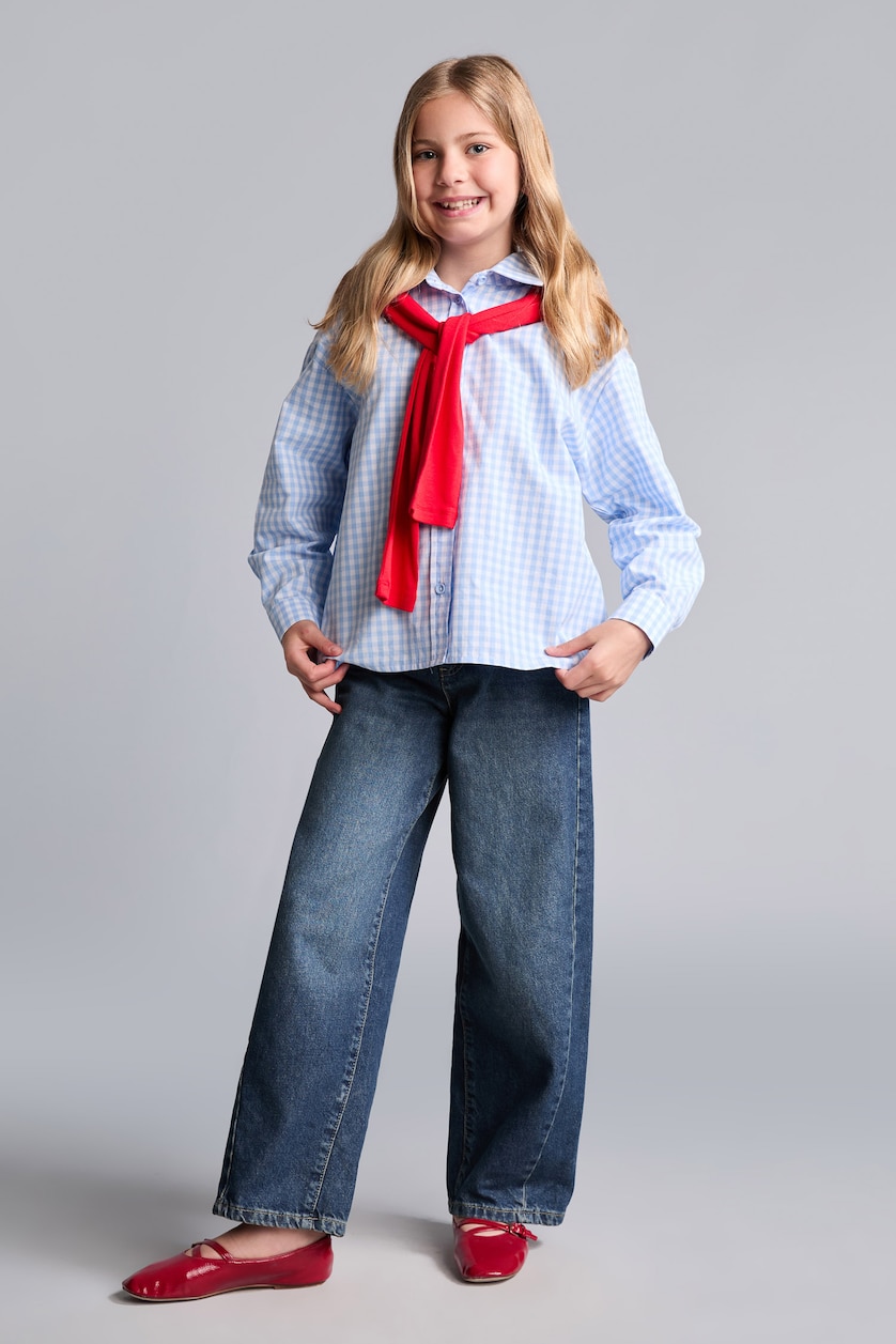 Young Girls - Teen Girls Light Blue Chemise bleu clair à carreaux en popeline 100% coton à manches longues pour fille