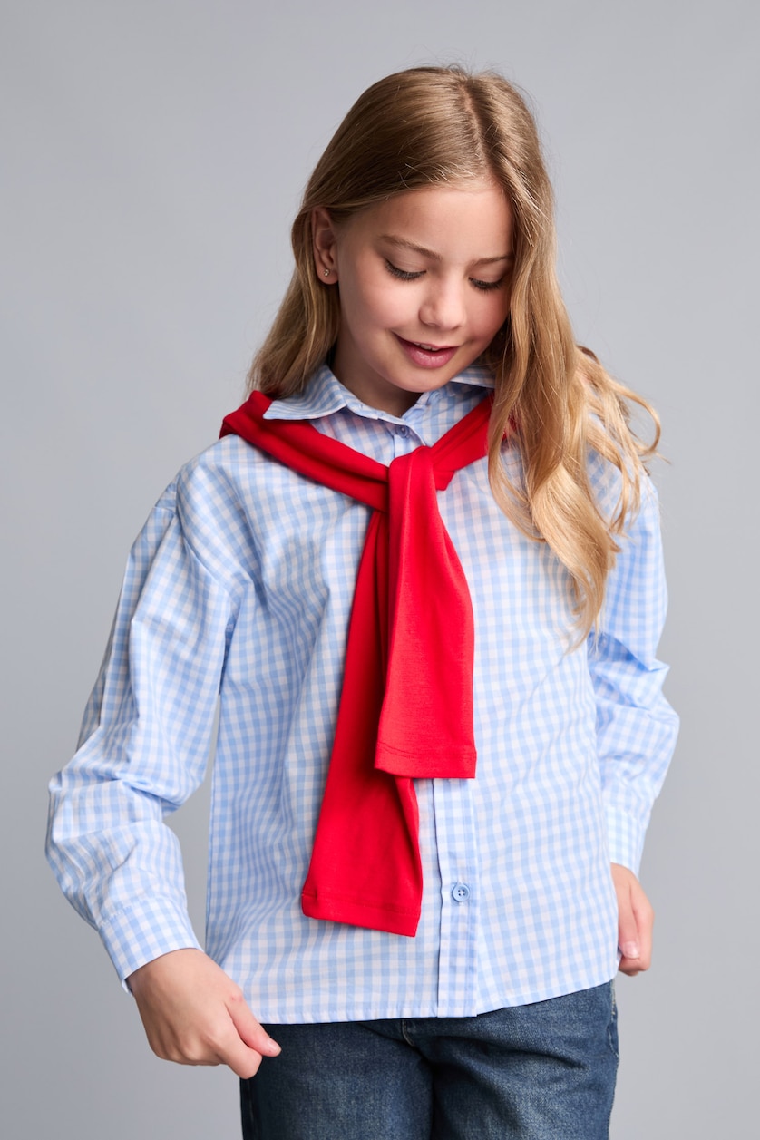 Young Girls - Teen Girls Light Blue Chemise bleu clair à carreaux en popeline 100% coton à manches longues pour fille
