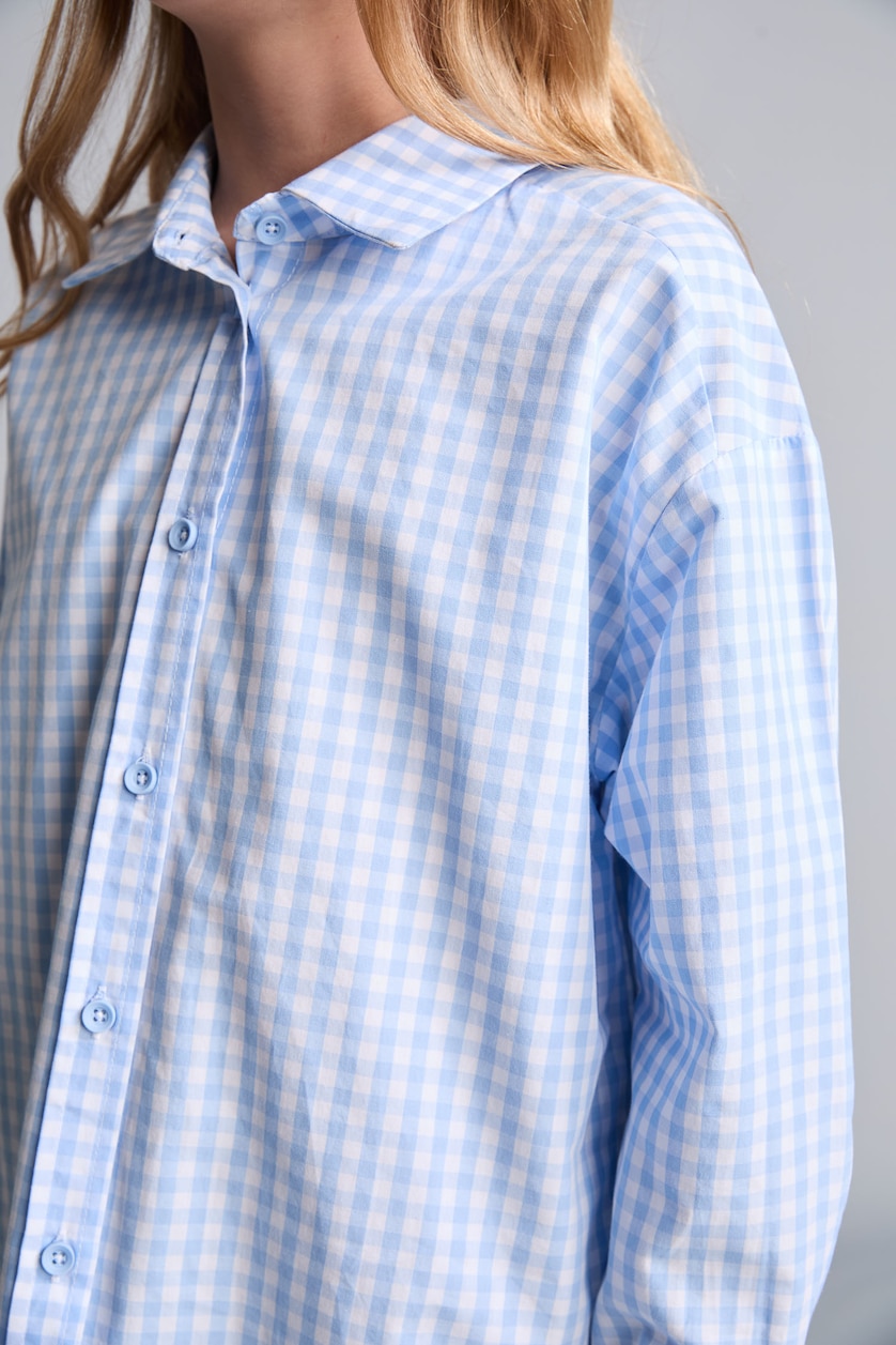 Young Girls - Teen Girls Light Blue Chemise bleu clair à carreaux en popeline 100% coton à manches longues pour fille