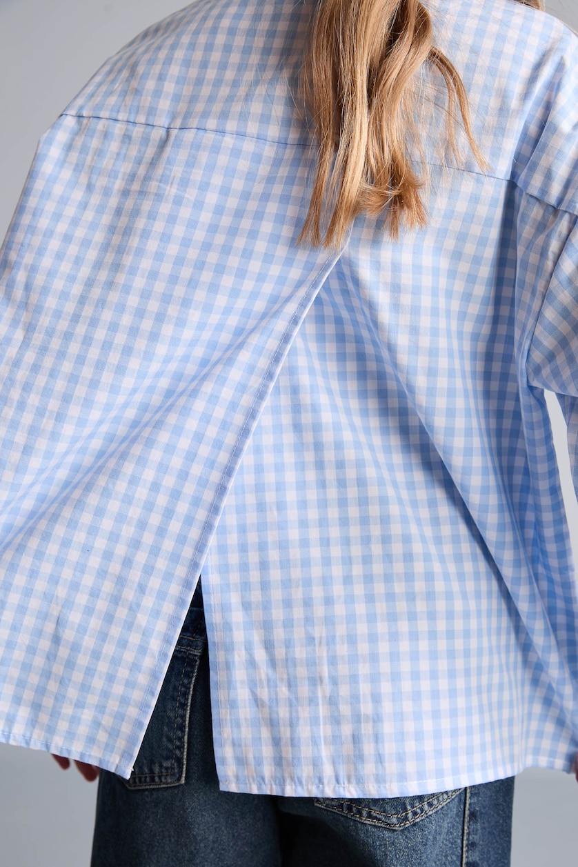 Young Girls - Teen Girls Light Blue Chemise bleu clair à carreaux en popeline 100% coton à manches longues pour fille