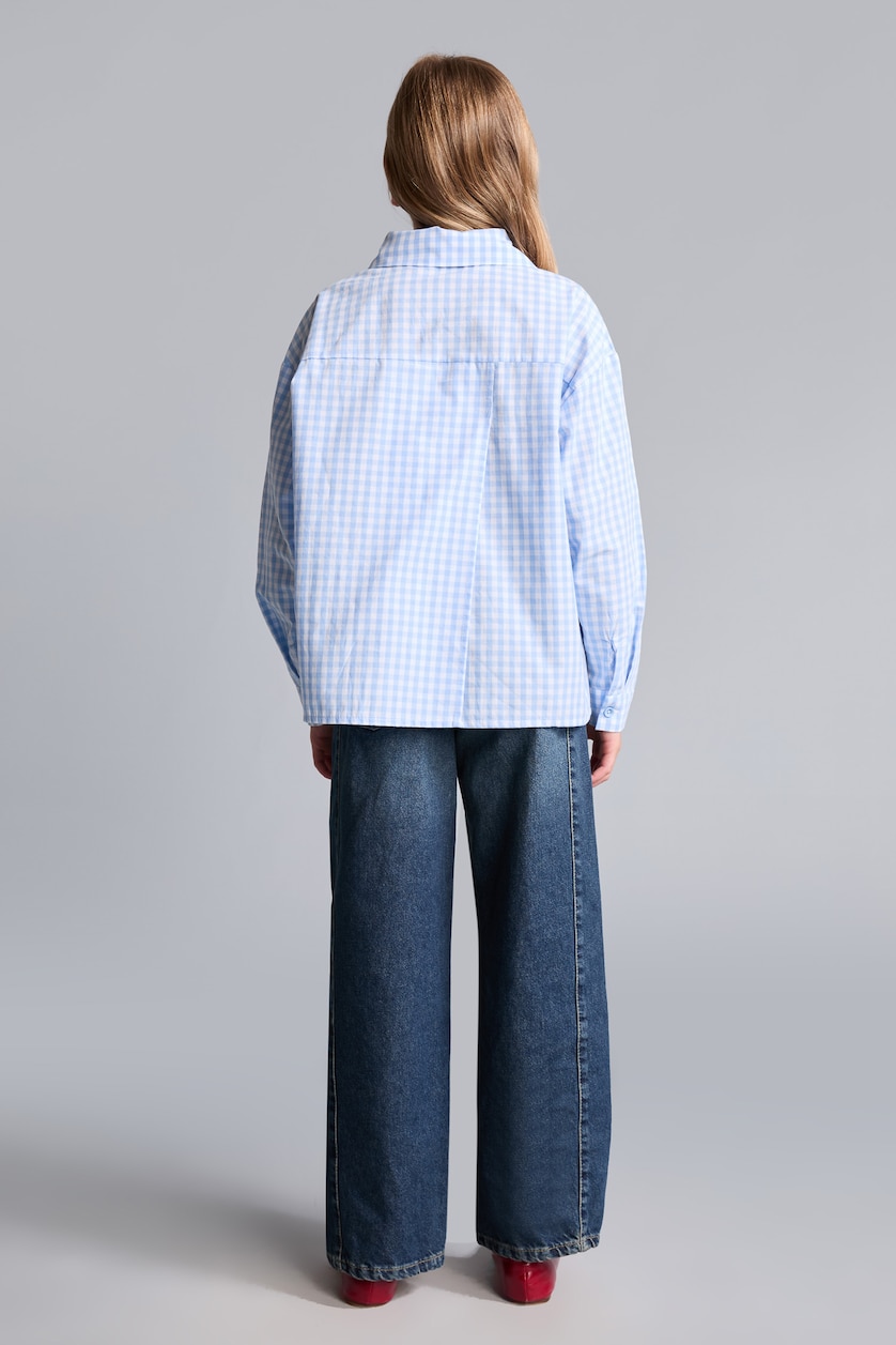 Young Girls - Teen Girls Light Blue Chemise bleu clair à carreaux en popeline 100% coton à manches longues pour fille