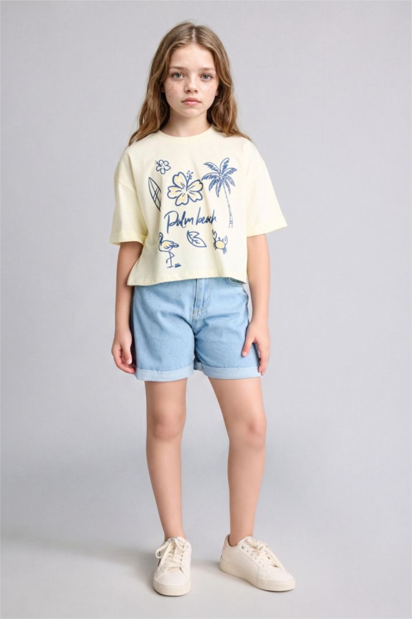 GIRLS & TEENS Ice Blue شورت جينز بناتي ازرق بحافة مطوية