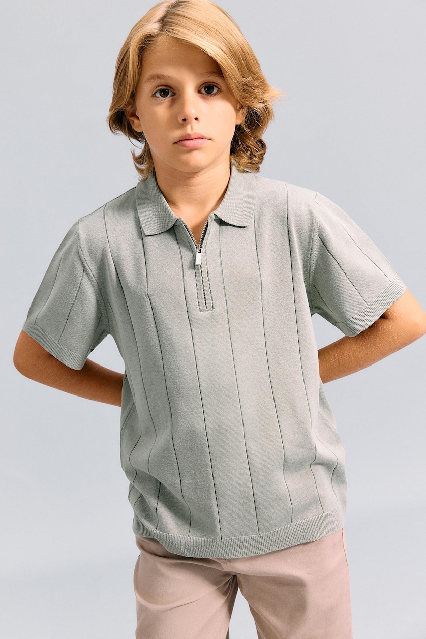 GARÇONS Kaki Clair T-shirt Polo en maille texturée à demi-fermeture zippée et manches courtes pour garçon