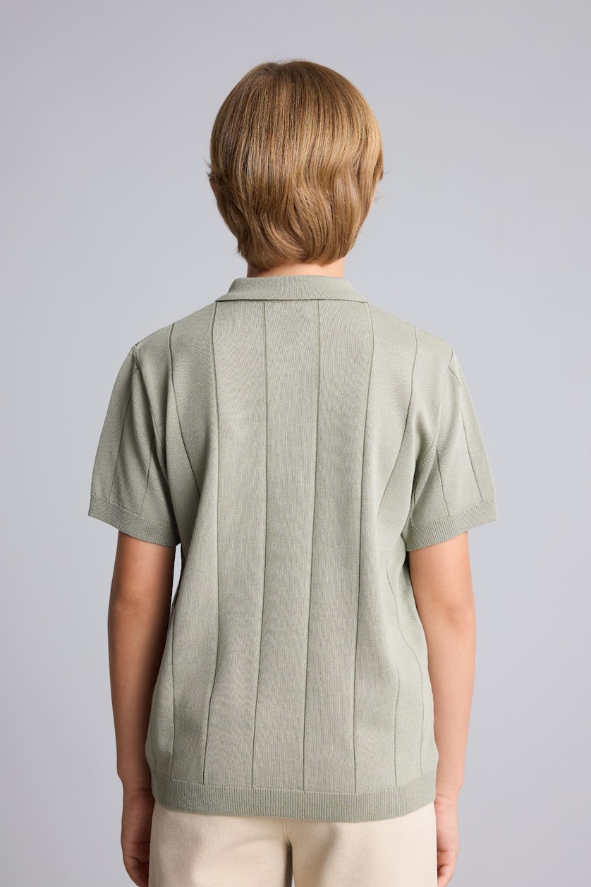 GARÇONS Kaki Clair T-shirt Polo en maille texturée à demi-fermeture zippée et manches courtes pour garçon