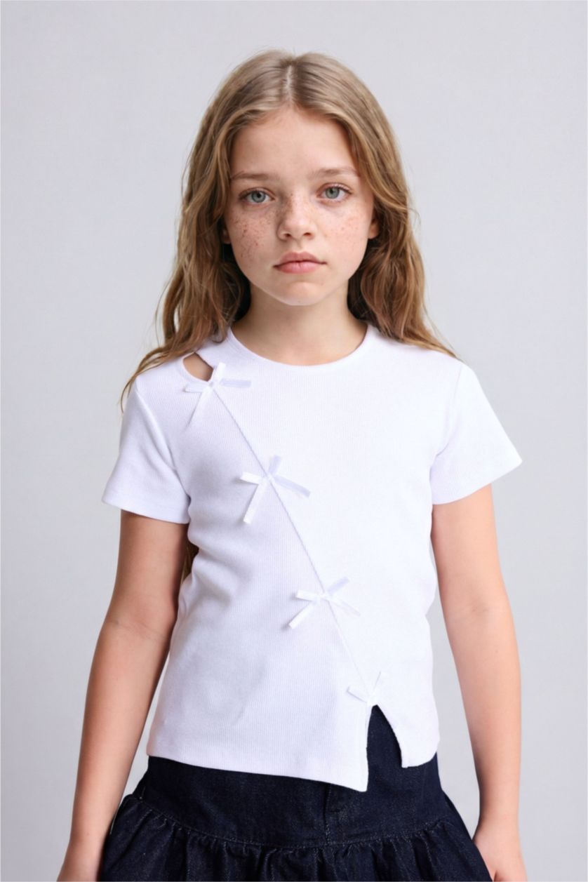 FILLES Blanc T-shirt côtelé à col rond et manches courtes pour fille