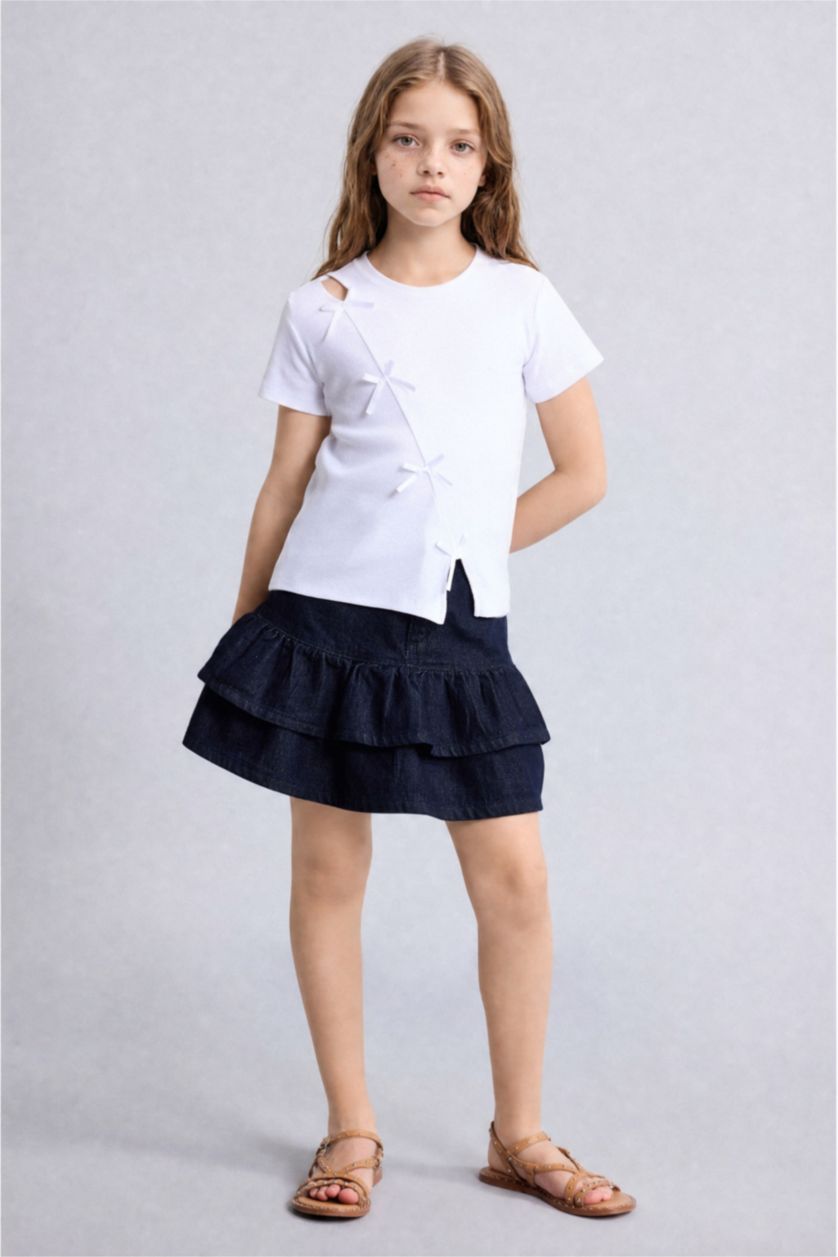 FILLES Blanc T-shirt côtelé à col rond et manches courtes pour fille