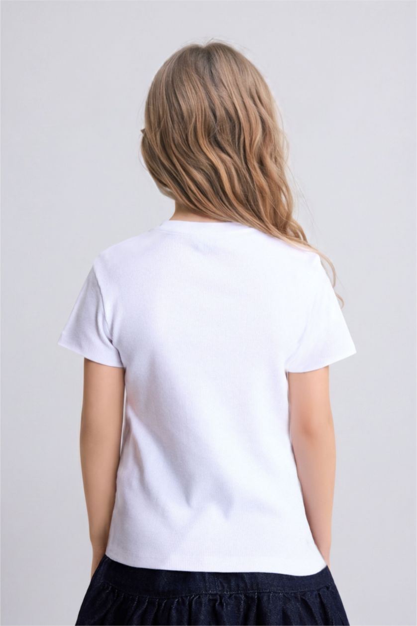 FILLES Blanc T-shirt côtelé à col rond et manches courtes pour fille