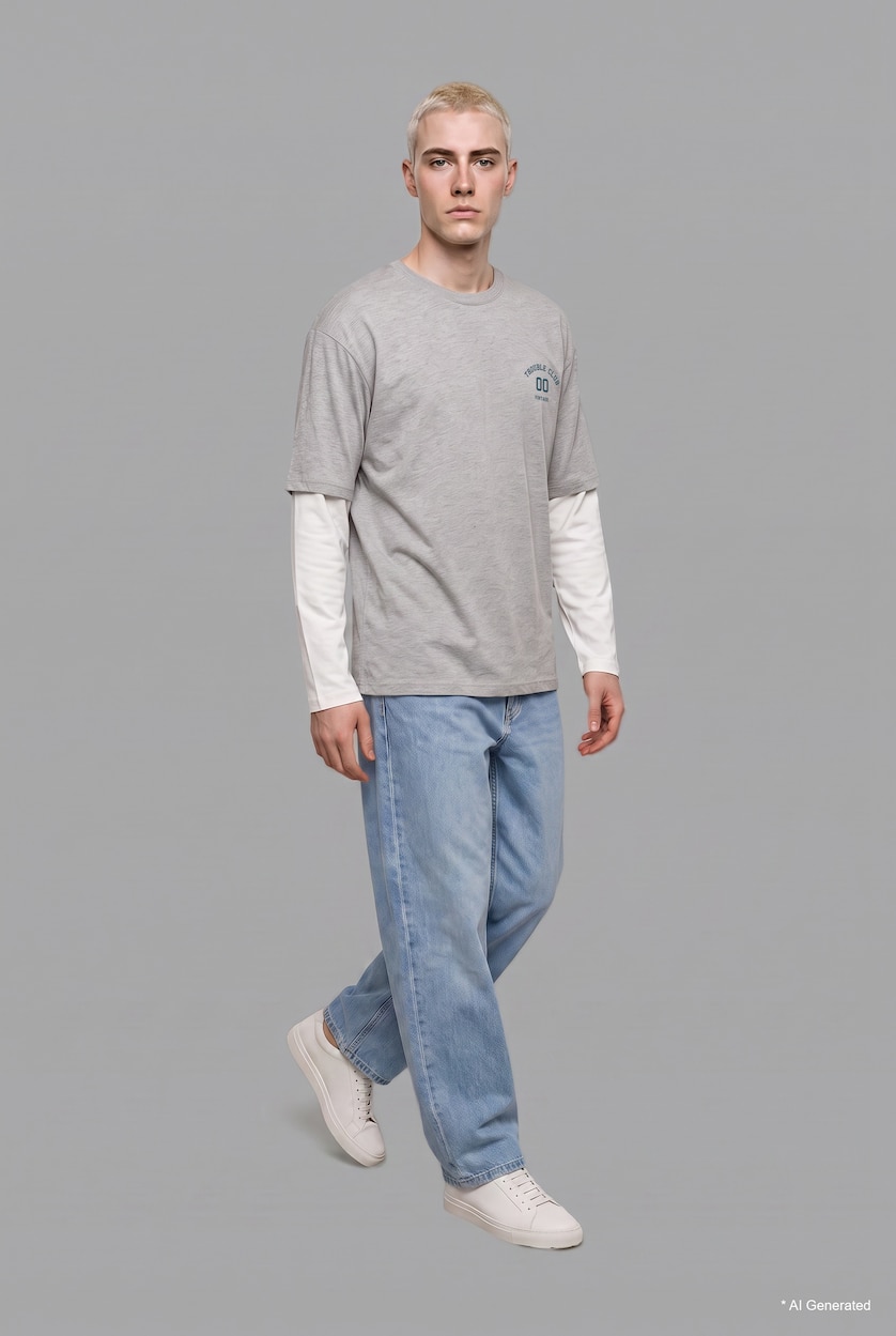 MAN Grey Melange Boxy Fit Printed Crew Neck Long Sleeve T-Shirt