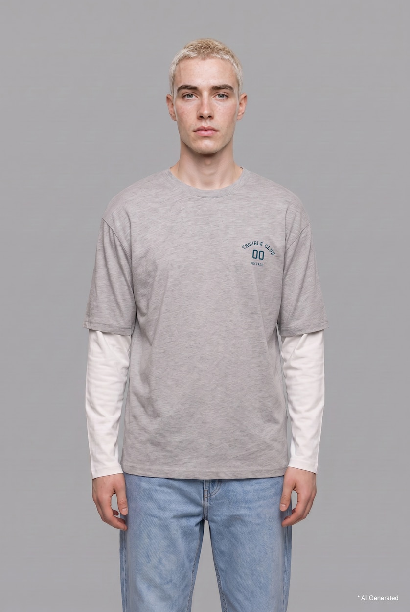 MAN Grey Melange Boxy Fit Printed Crew Neck Long Sleeve T-Shirt