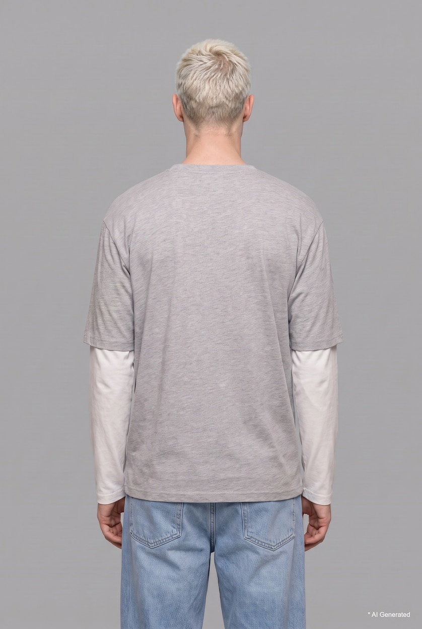MAN Grey Melange Boxy Fit Printed Crew Neck Long Sleeve T-Shirt