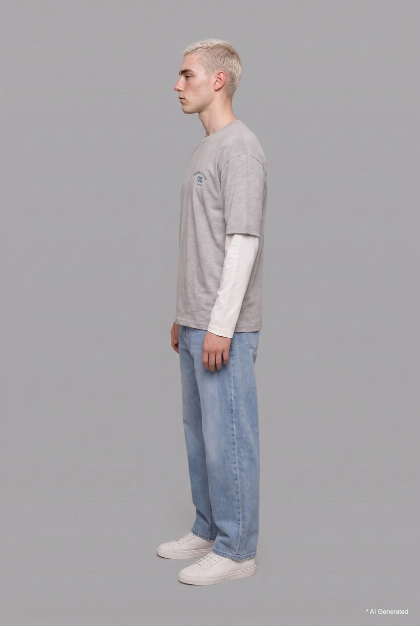 MAN Grey Melange Boxy Fit Printed Crew Neck Long Sleeve T-Shirt