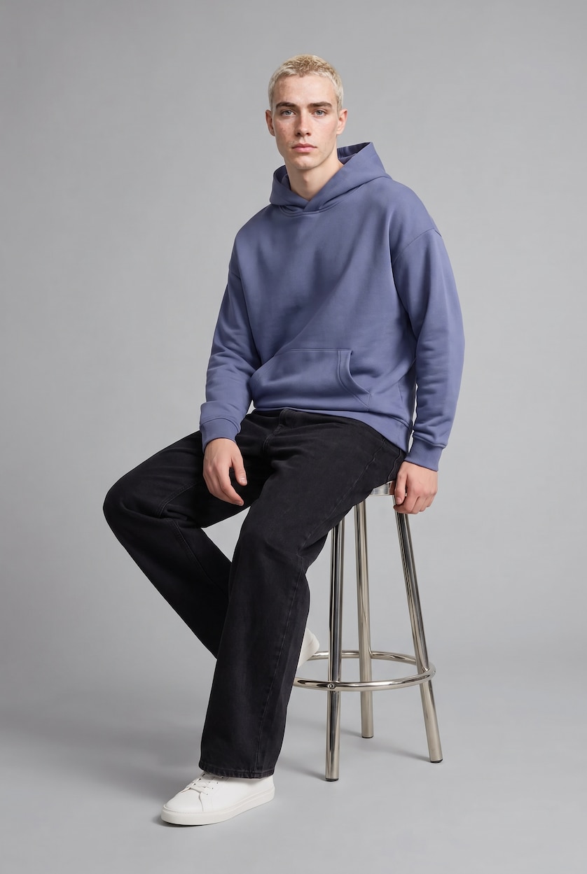 Erkek Mor Oversize Kapüşonlu Basic Sweatshirt