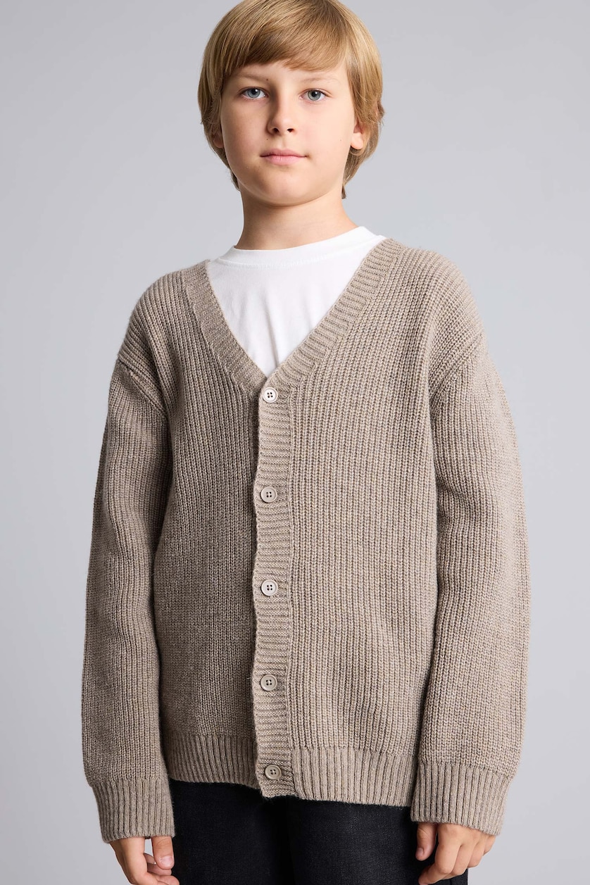 Boys & Teens Light Beige Boy V-Neck Ribbed Basic Knit Cardigan