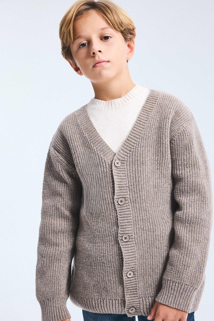 Мальчики и подростки Светло-бежевый Boy V-Neck Ribbed Basic Knitwear Cardigan