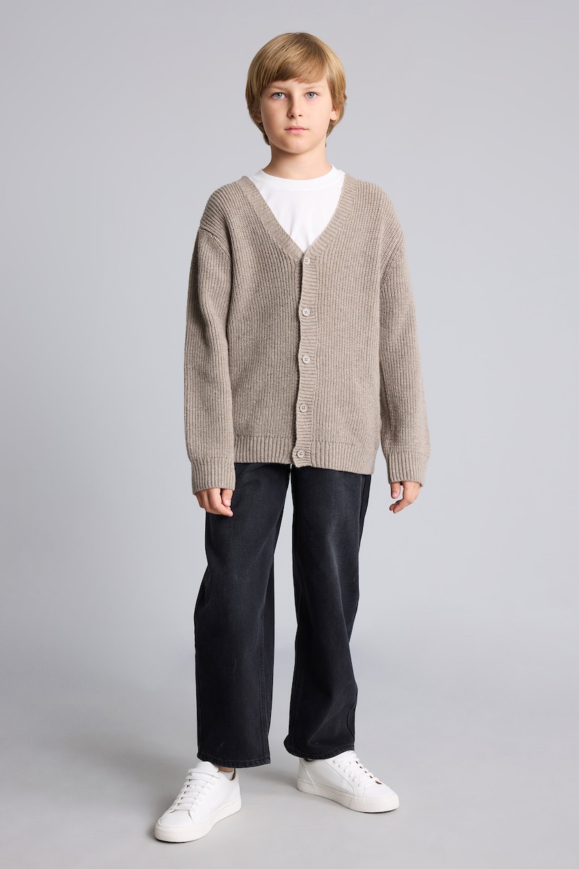 Boys & Teens Light Beige Boy V-Neck Ribbed Basic Knit Cardigan