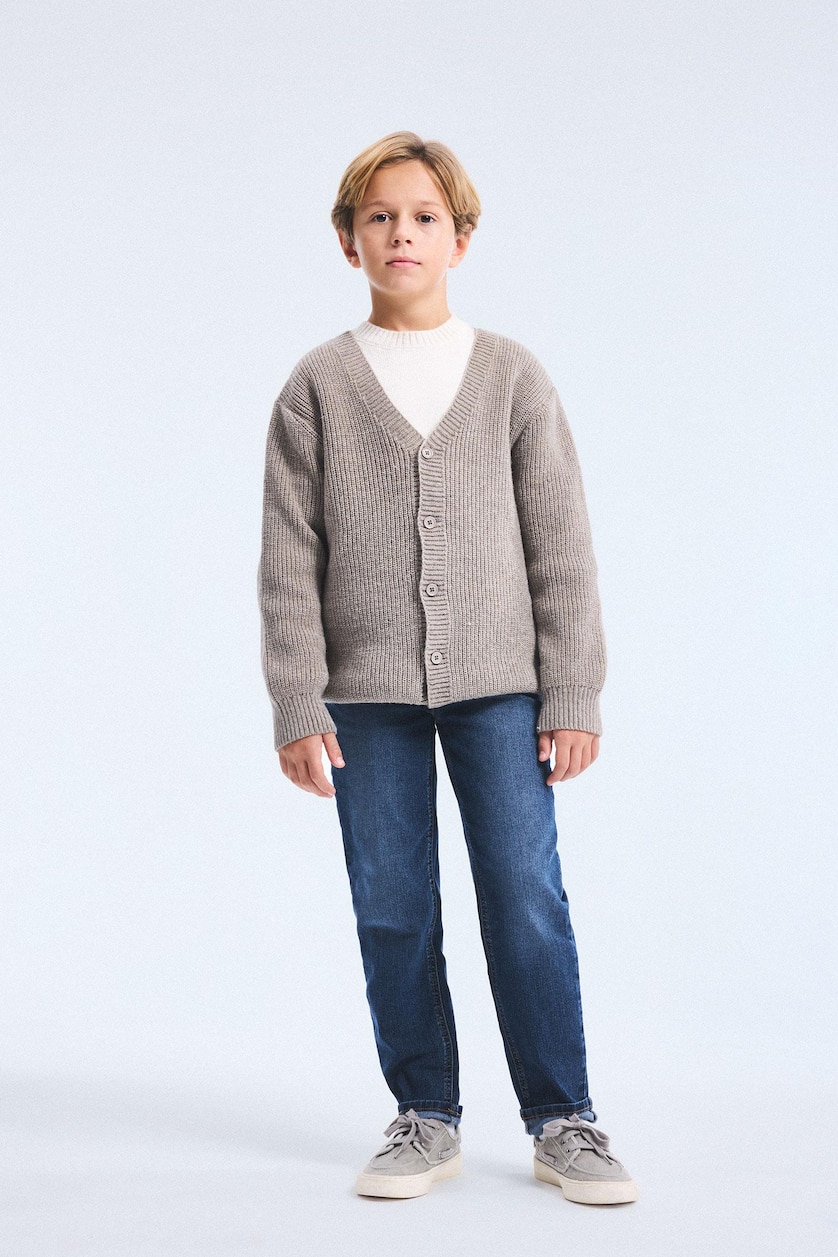 Мальчики и подростки Светло-бежевый Boy V-Neck Ribbed Basic Knitwear Cardigan