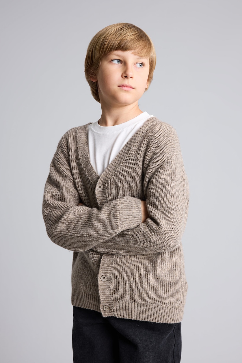 Boys & Teens Light Beige Boy V-Neck Ribbed Basic Knit Cardigan