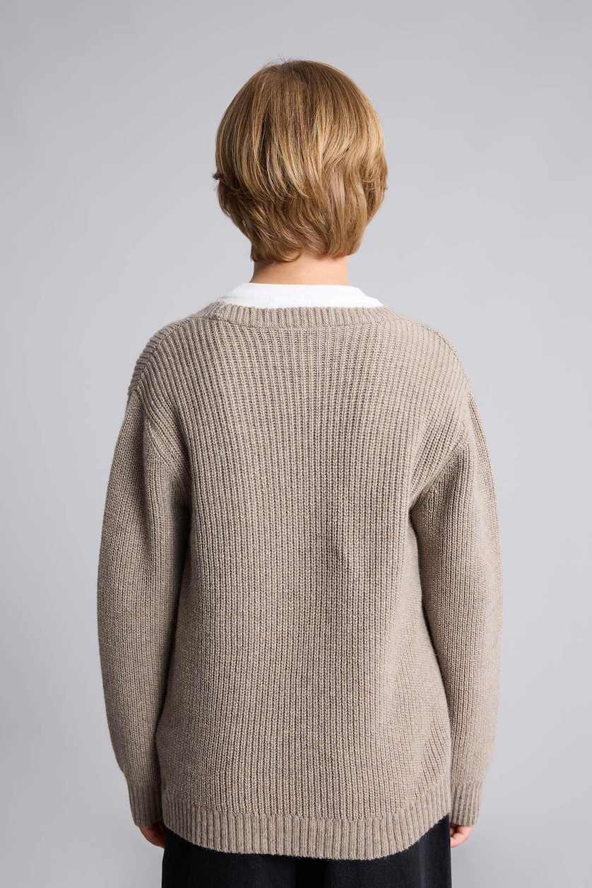 Boys & Teens Light Beige Boy V-Neck Ribbed Basic Knit Cardigan