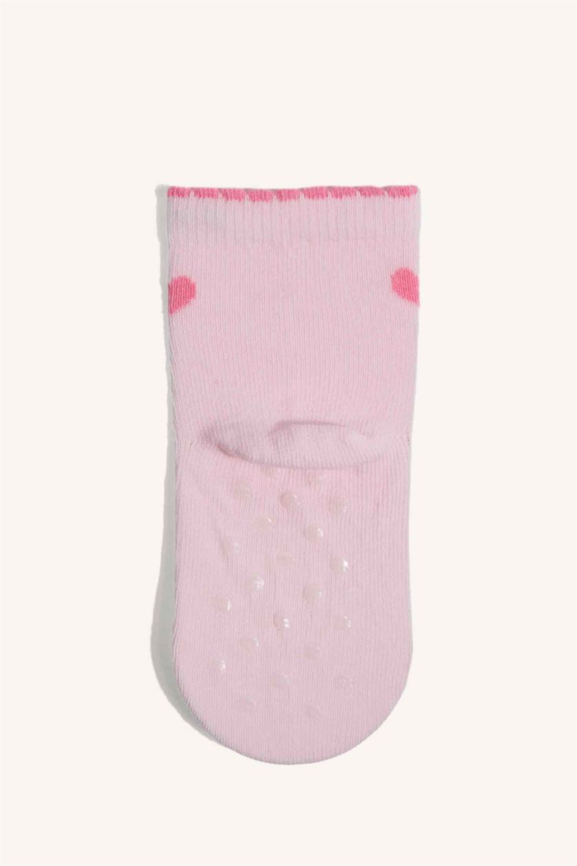 Kız Bebek Açık Pembe Pamuklu Kalp Desenli 7'Li Çorap Kız Bebek