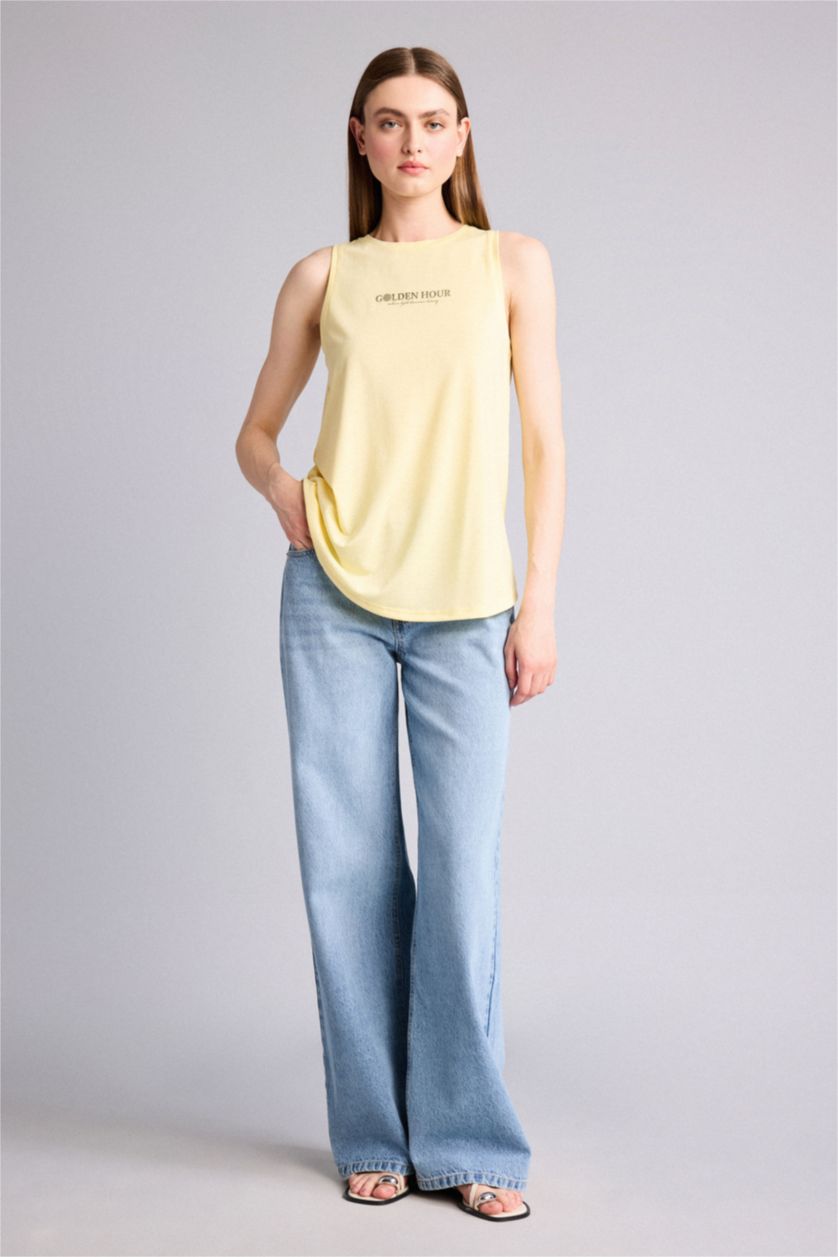 Women Yellow Relax Fit Slogan Crew Neck Tank Top