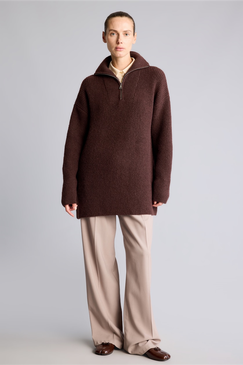 نساء بني Regular Fit Wool Blend Half-Zip Knitted Tunic