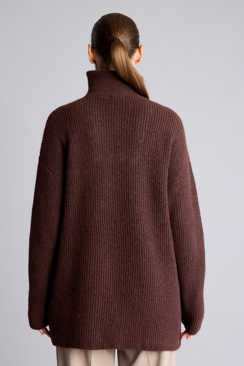 نساء بني Regular Fit Wool Blend Half-Zip Knitted Tunic