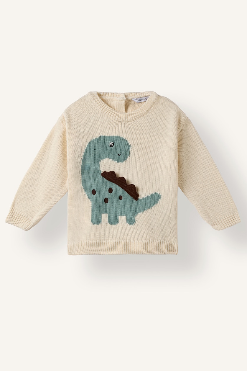 Erkek Bebek Ekru Oversize 3D Dinozor Figürlü Kazak Erkek Bebek