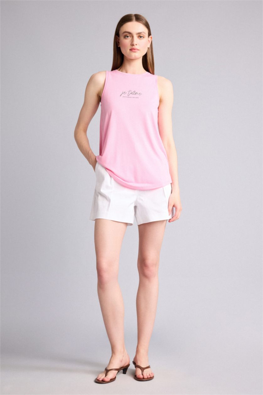Women Pink Relax Fit Slogan Crew Neck Tank Top