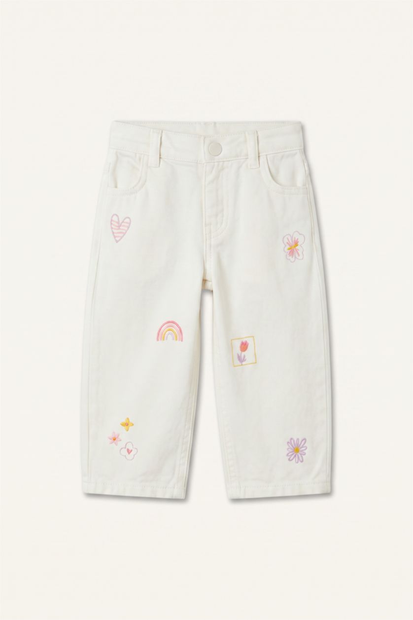 Kız Bebek Ekru Baggy Fit İşlemeli Pantolon Kız Bebek