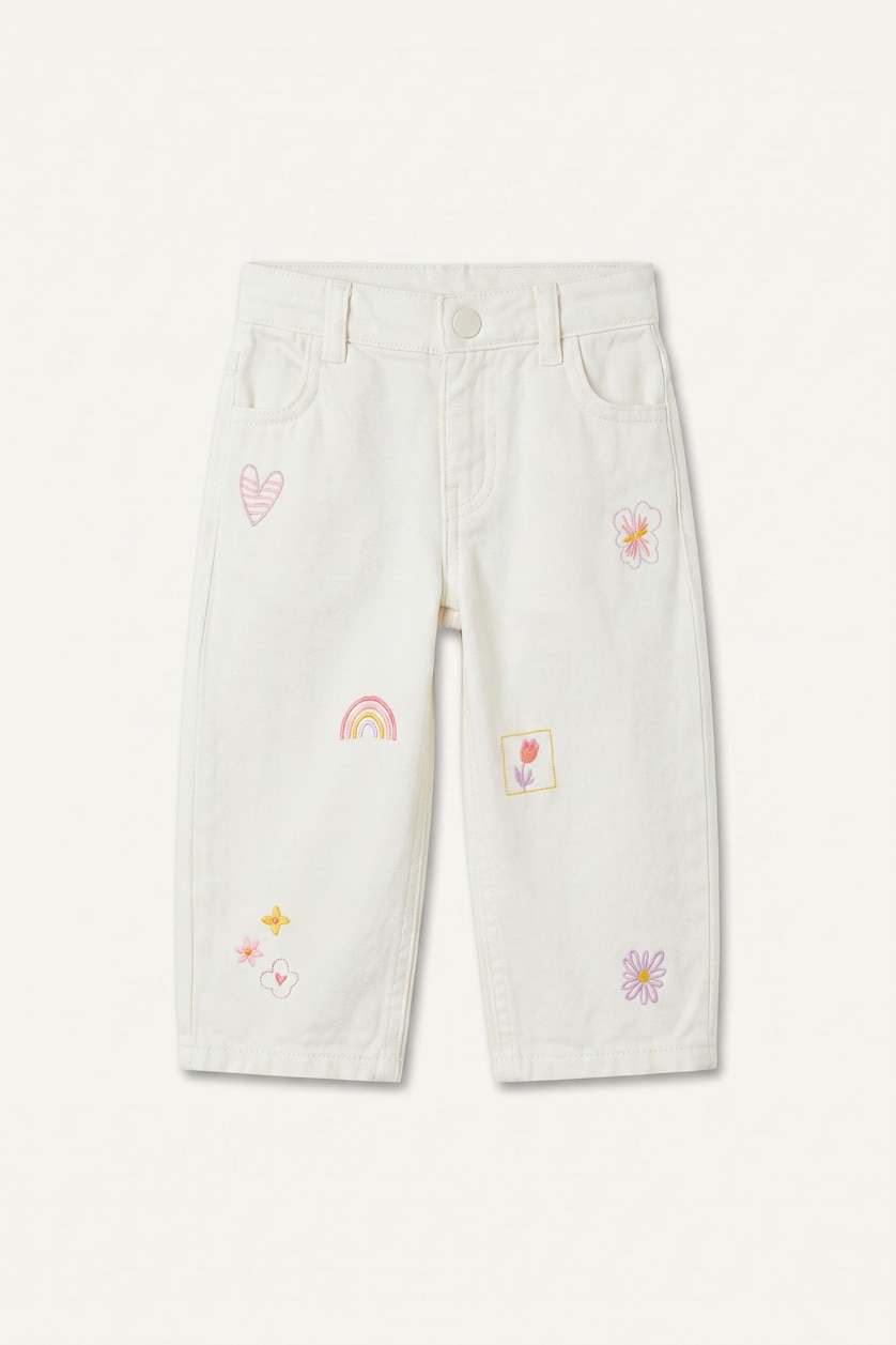 Kız Bebek Ekru %100 Pamuk Baggy Fit İşlemeli Pantolon Kız Bebek