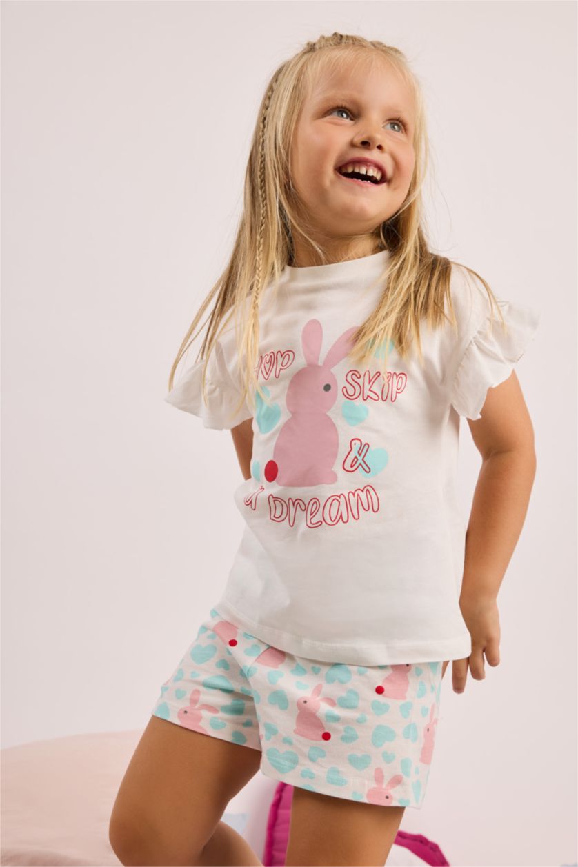 طفلة صغيرة بيج فاتح Baby Girl 100% Cotton Ribbed 2 Piece Pajama Set
