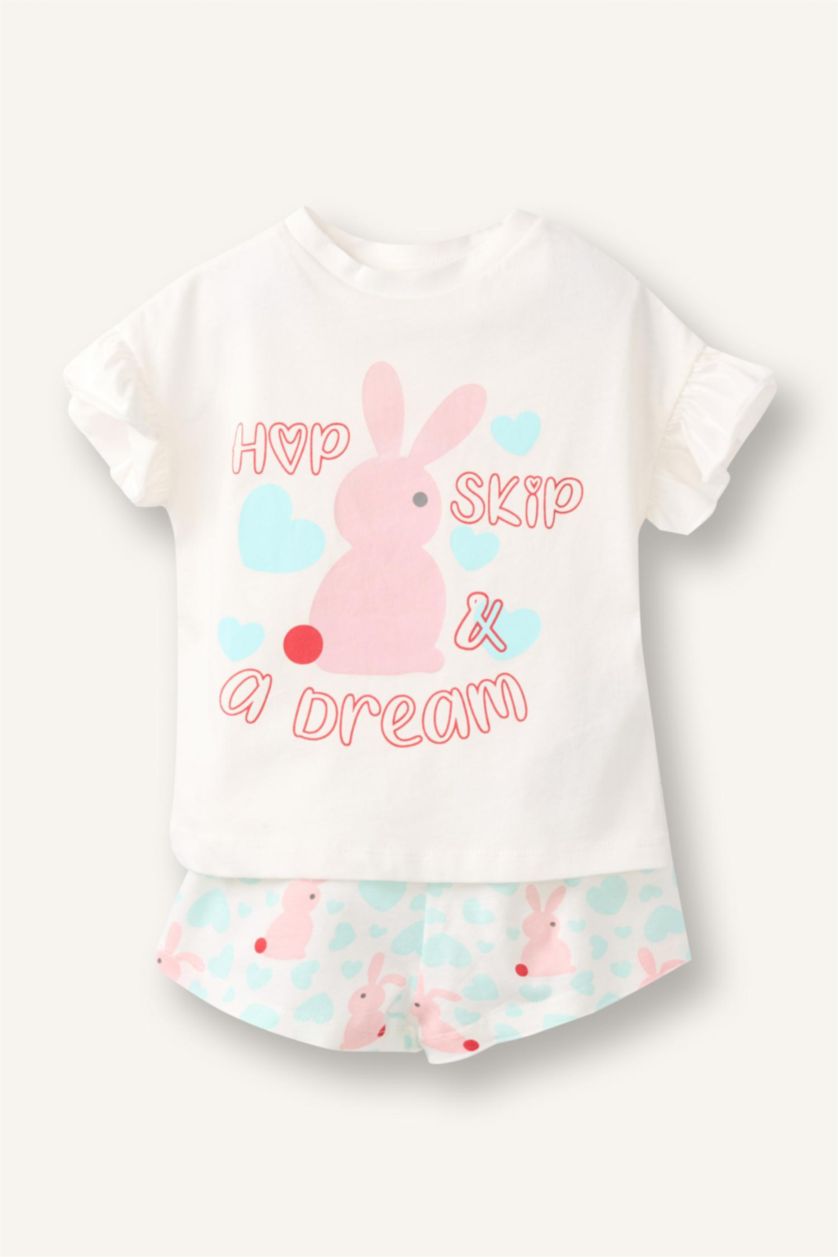 طفلة صغيرة بيج فاتح Baby Girl 100% Cotton Ribbed 2 Piece Pajama Set
