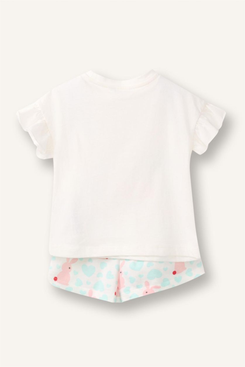 طفلة صغيرة بيج فاتح Baby Girl 100% Cotton Ribbed 2 Piece Pajama Set