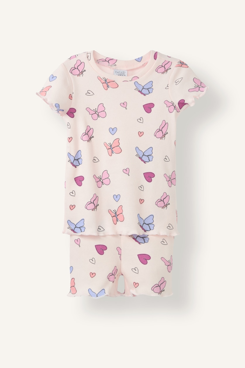 Kız Bebek Açık Pembe Pamuklu Regular Fıt Şotlu 2'li Pijama Takımı Kız Bebek