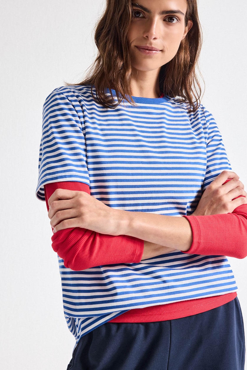WOMAN NAVY Regular Fit Crew Neck Striped Cotton T-Shirt