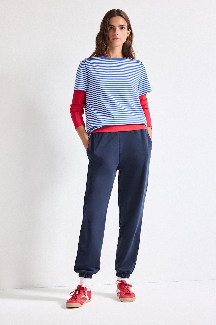 WOMAN NAVY Regular Fit Crew Neck Striped Cotton T-Shirt
