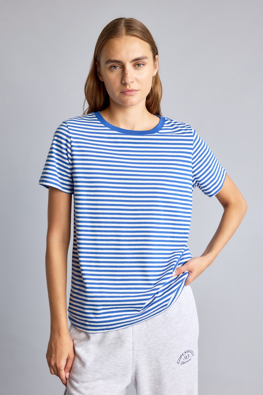 WOMAN NAVY Regular Fit Crew Neck Striped Cotton T-Shirt