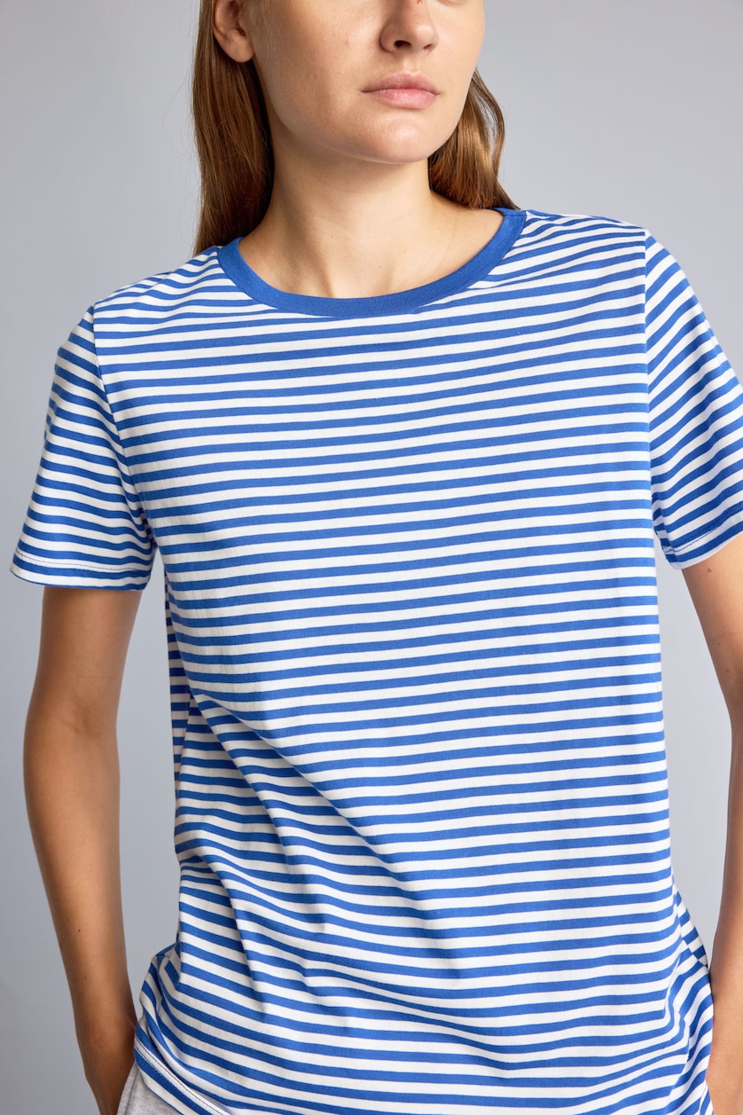 WOMAN NAVY Regular Fit Crew Neck Striped Cotton T-Shirt