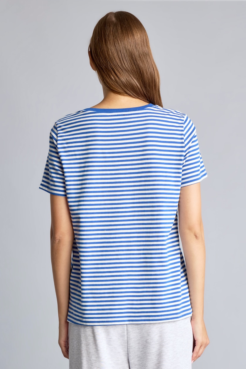 WOMAN NAVY Regular Fit Crew Neck Striped Cotton T-Shirt