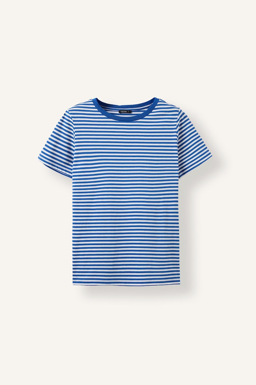 WOMAN NAVY Regular Fit Crew Neck Striped Cotton T-Shirt