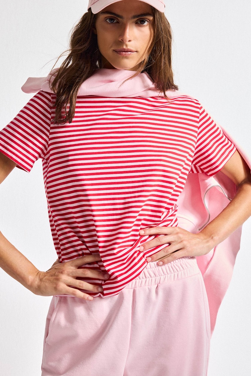 Women Red Regular Fit Crew Neck Striped Cotton Red T-Shirt