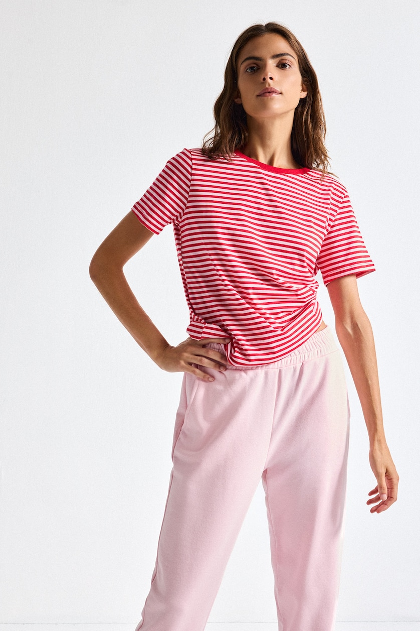 Women Red Regular Fit Crew Neck Striped Cotton Red T-Shirt