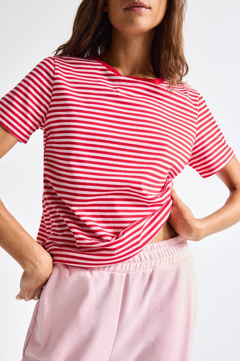 Women Red Regular Fit Crew Neck Striped Cotton Red T-Shirt