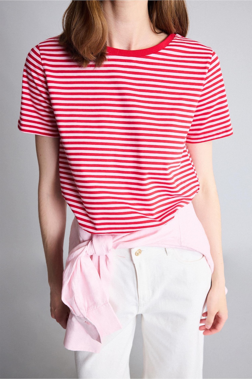 Women Red Regular Fit Crew Neck Striped Cotton Red T-Shirt